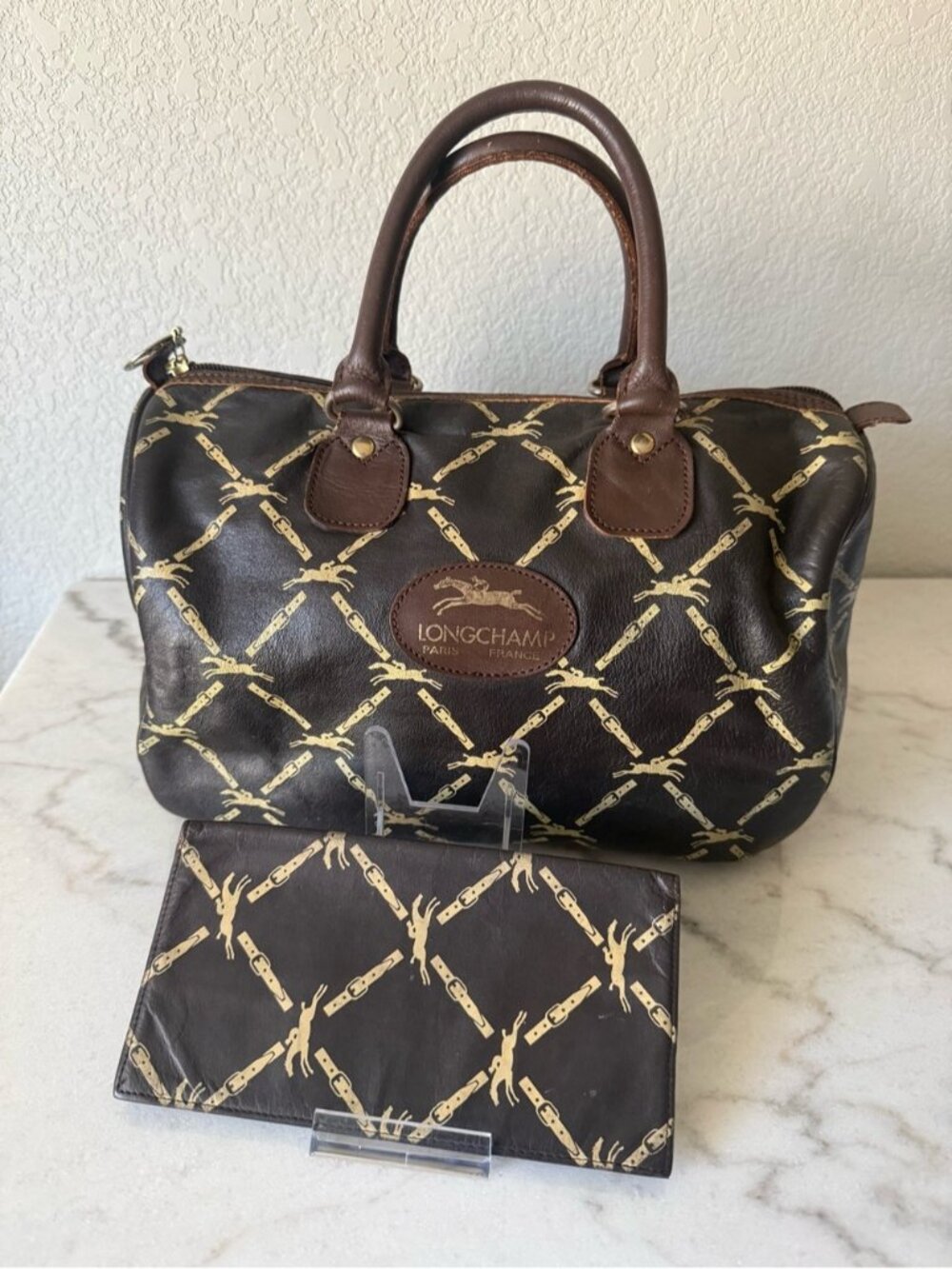Vintage Longchamp Brown and Gold Monogram Satchel Bag with Long Wallet-GUC!!